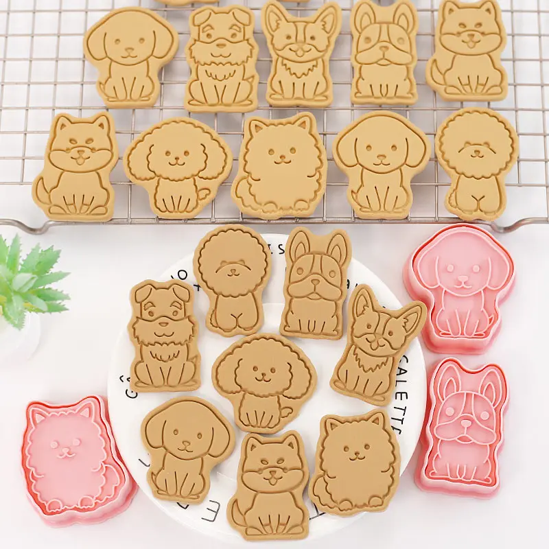 8Pcs/set Dog Shape Cookie Cutters Plastic 3D Cartoon Pressable Biscuit Mold Cookie Stamp Kitchen Baking Pastry Bakeware Tool