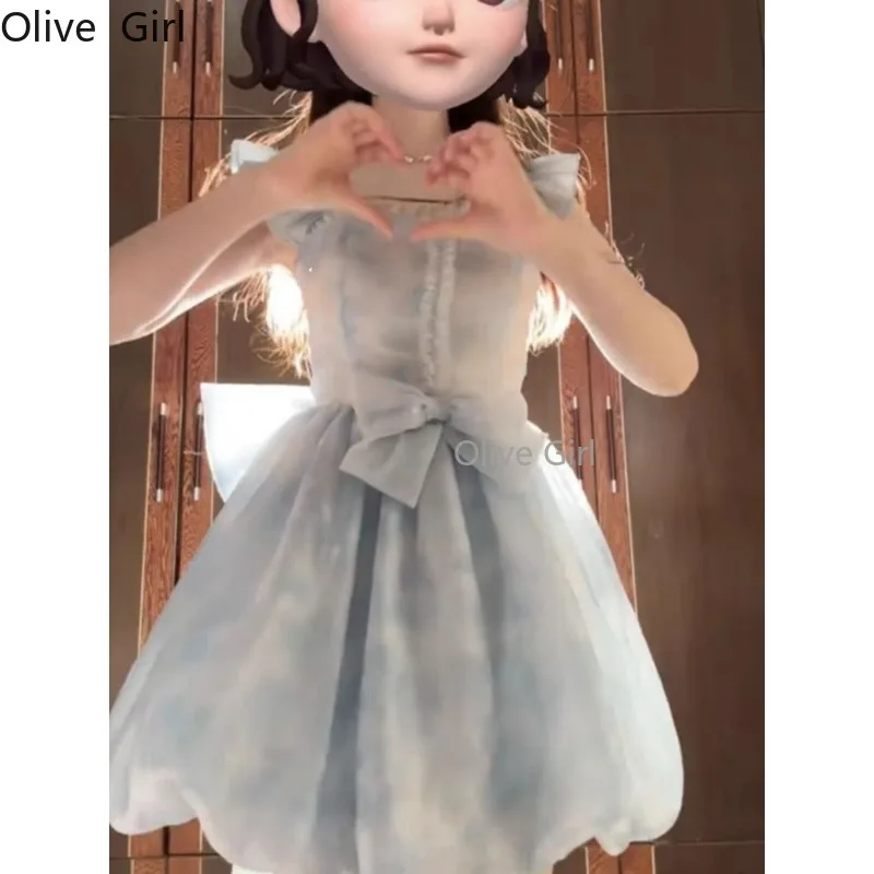 ภาษาฝรั่งเศสคําสีฟ้า Camisole Fairy เซ็กซี่น่ารัก Backless Bow วันเกิดเจ้าหญิง PUFFY Y2k ชุดผู้หญิงงานแต่งงานวินเทจ