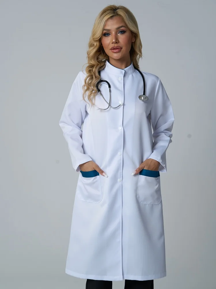 Stand-Up Collar Women's Long-Sleeved Coat Doctor Nurse's Work Laboratory Costumes Professional Medical Clothes Long Coat