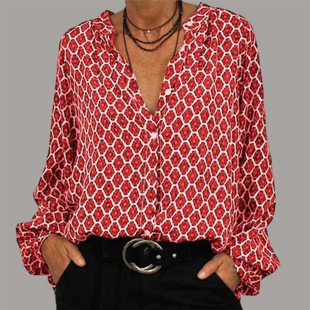 Women\'s Autumn V-neck Long Sleeved Fashionable And Elegant Geometric Printed Shirt Office Lady Loose Pullover Blouse Femme Blusa