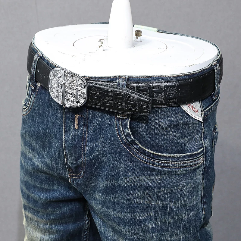 Fashion Designer Men Jeans Retro Black Blue Elastic Stretch Slim Fit Ripped Jeans Men Embroidery Vintage Denim Pants Hombre