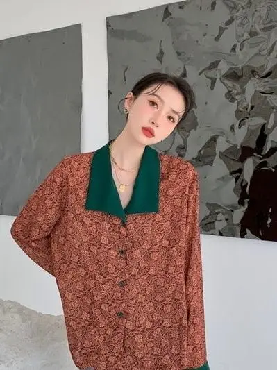 ريترو هونج كونج Sle المرأة خمر irt الأزهار طباعة طويلة Sve بدوره إلى أسفل طوق ربيع الخريف أعلى اللون تصميم Blo #2