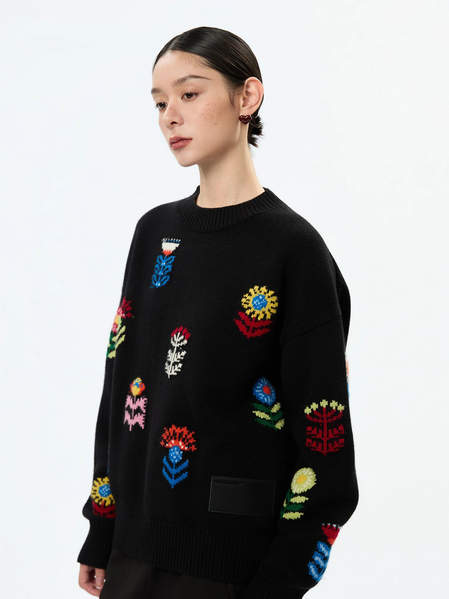 

New ALL BEINGS 00 Wool Winter Thi Needle round Ne Sweater Floral Embroidery Contrast Color Design Casual Loose Fit Women...