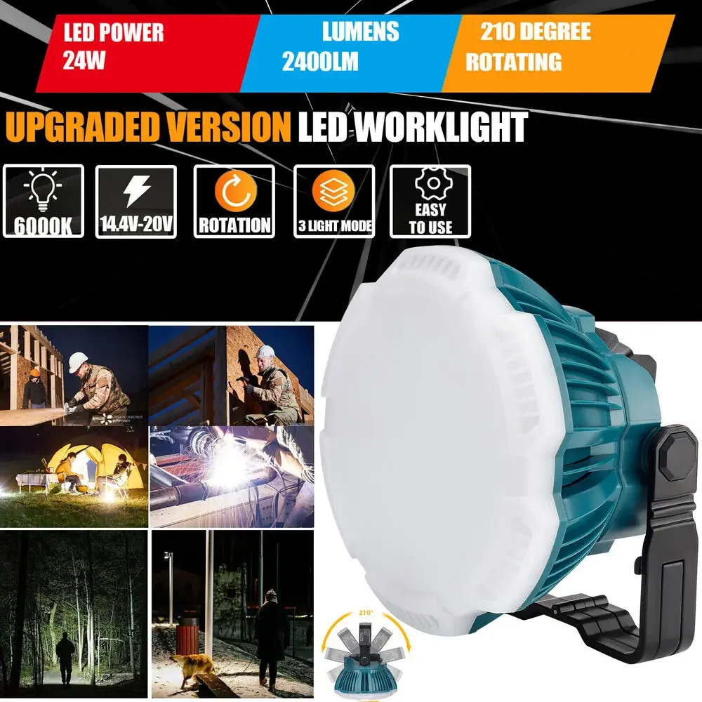 Imagem -06 - Portátil Led Luz de Trabalho para Makita Lanterna de Acampamento Tent Lamp Lanterna com Gancho 18v Li-ion Battery 24w 2400lm