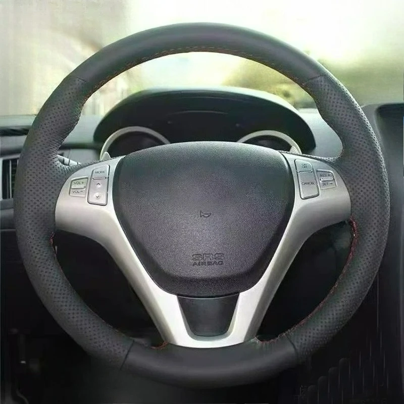 Hand-stitched renovation wear-resistant Non-slip black burgundy leather steering wheel cover For Hyundai Famous image 2014-2019