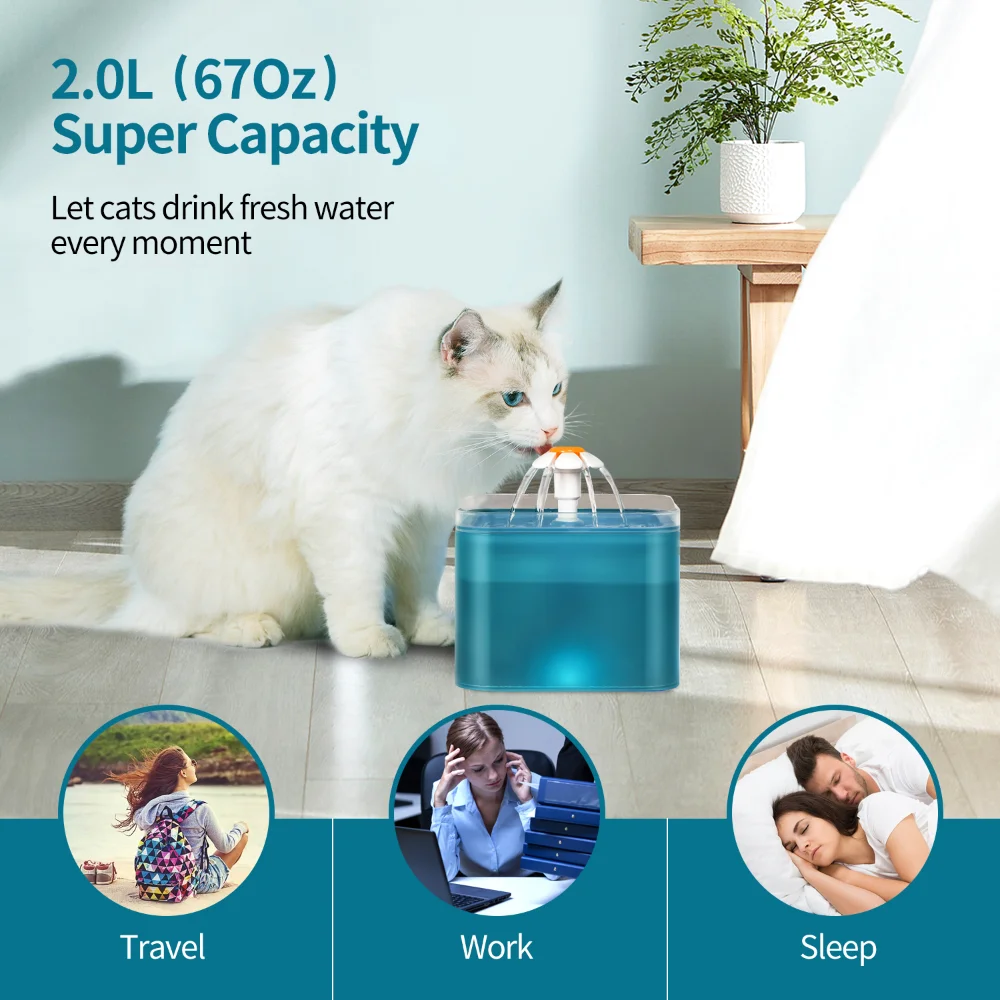 Cat Water Fountain Auto Filter  LED Lighting USB Electric Mute Cat Drinker Bowl 2L Recirculate Filtring Drinker Water Dispenser