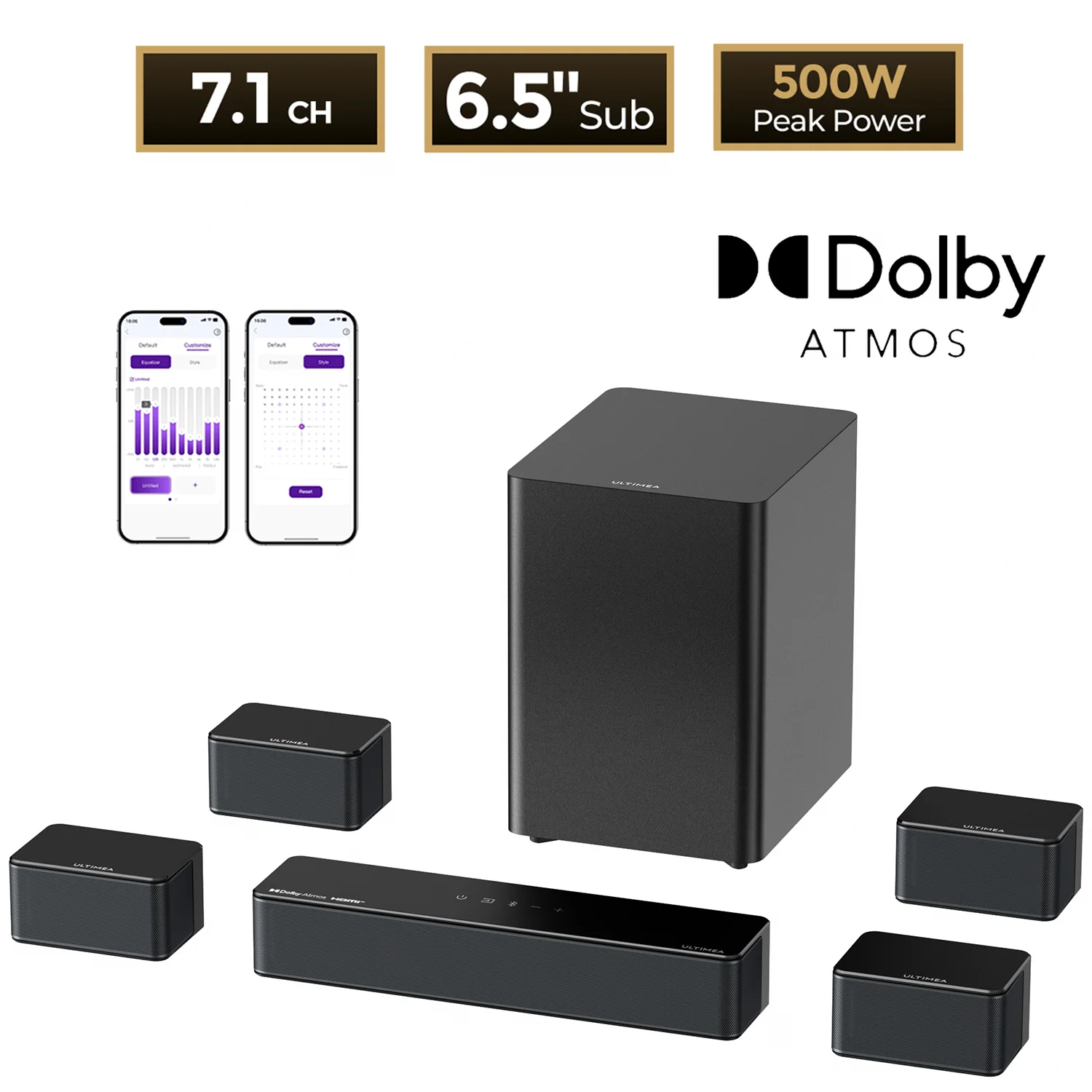 ULTIMEA Poseidon D80 Boom 7.1ch 500W Dolby Atmos Soundbar, draadloze subwoofer & 4 surround speakers, home theater TV, APP-bediening