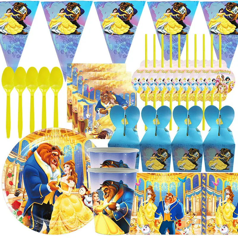 Beauty And Beast Birthday Decorations Belle Princess Birthday Party Supplies Balloon Backdrop Banner Tableware Set Plates Cups