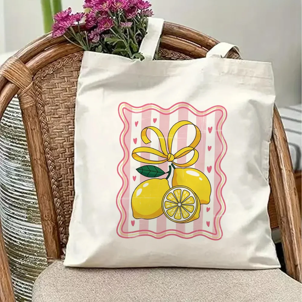 Cute Lemon Canvas Tote Bag Aesthetic Yellow Bow Ribbon Print Reusable Shopping Grocery Handbag Pink Heart Girl Beach Purse