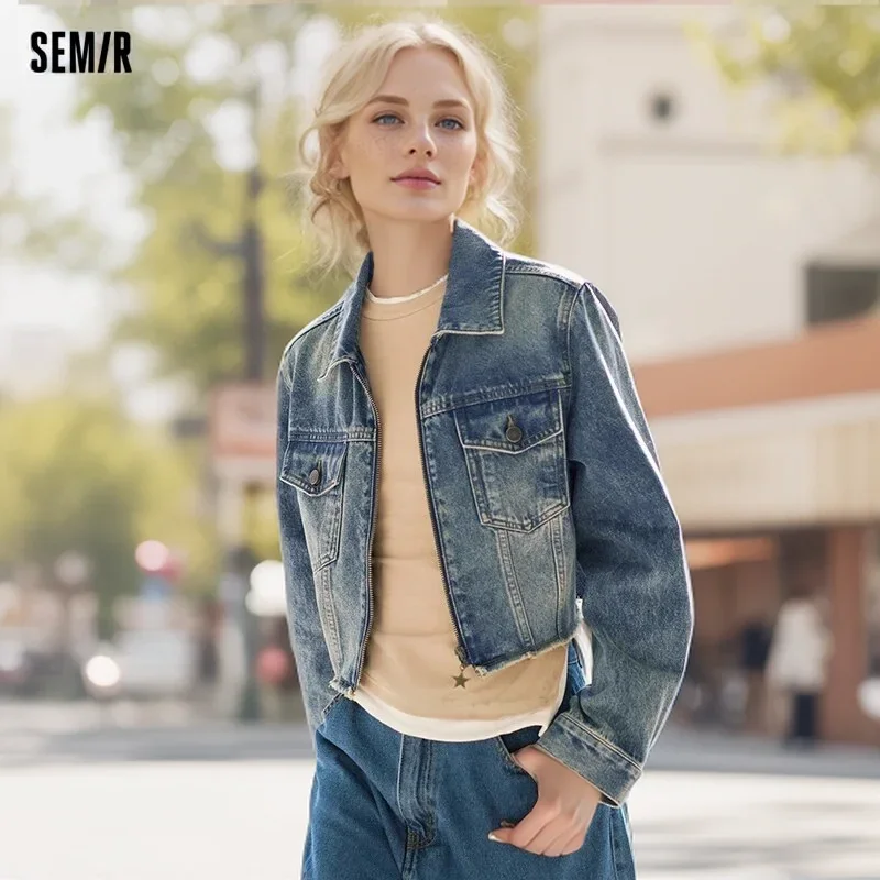 Semir 2024 Denim Jacket Women Short Style Slimming And Taller New Spring Cool And Rustic Style Distressed Raw Edge Jacket Street