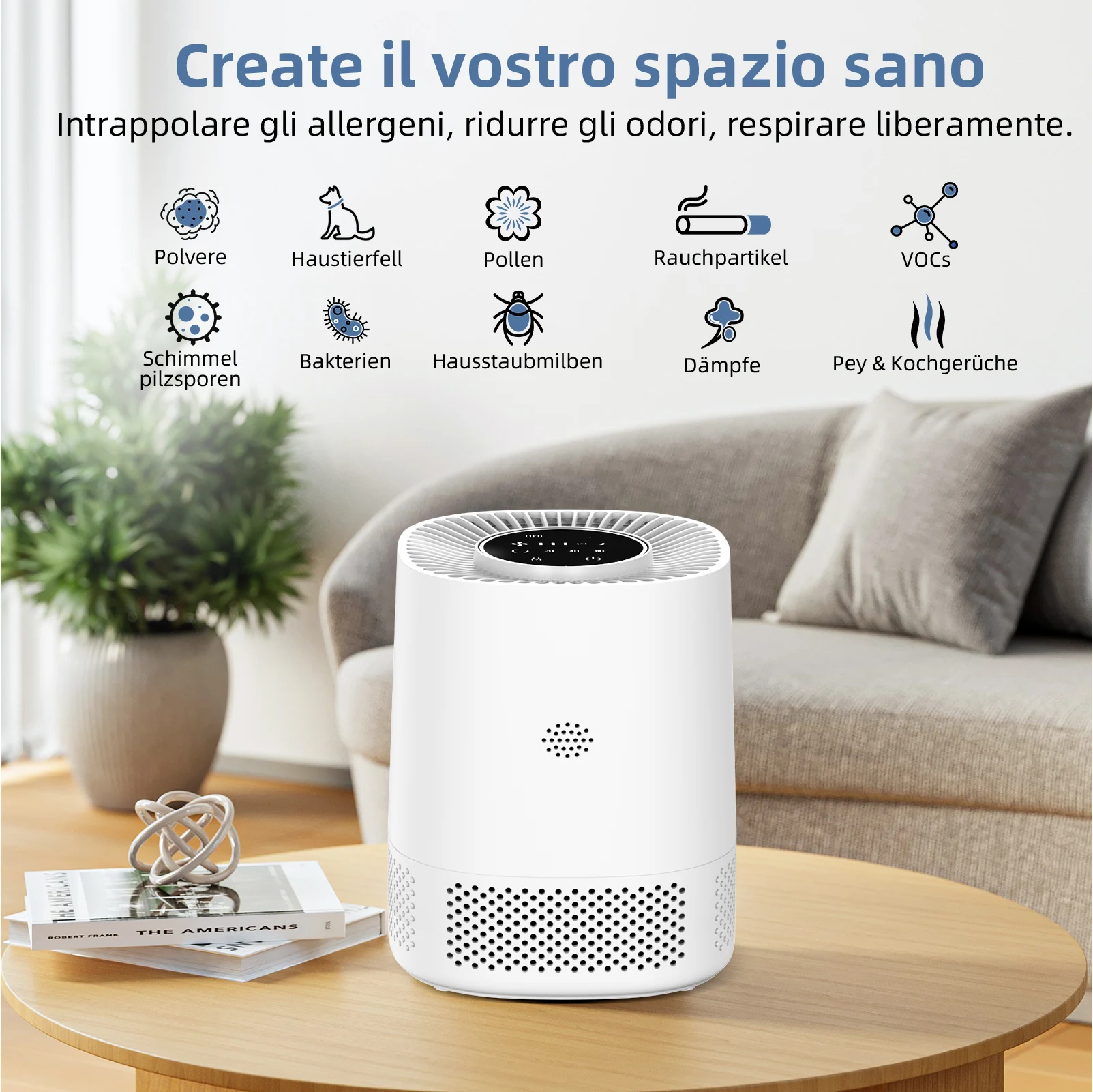 Purificatore d'aria 3-in-1 filtro HEPA ad alta efficienza che purifica l'aria rimuovi il 99.97% degli articoli sotto i 0.3 micron gamma a tre velocità