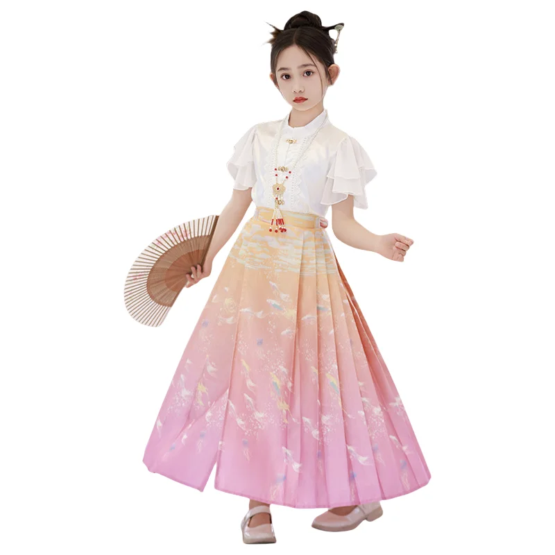 Classic Improved Clothing Chinese Traditional Costume Short Sleeve Top Horse Face Skirt Two Piece Set Daily Suit for Children