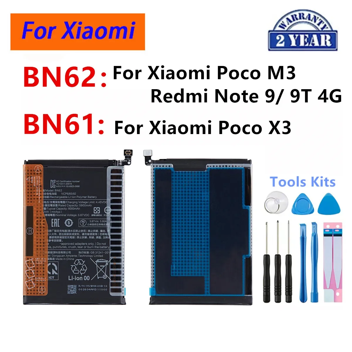 

Brand New BN62 BN61 Battery For Xiaomi POCO M3 Redmi Note 9 Redmi 9T 4G Pocophone X3 Poco X3 Phone Batteries+Tools