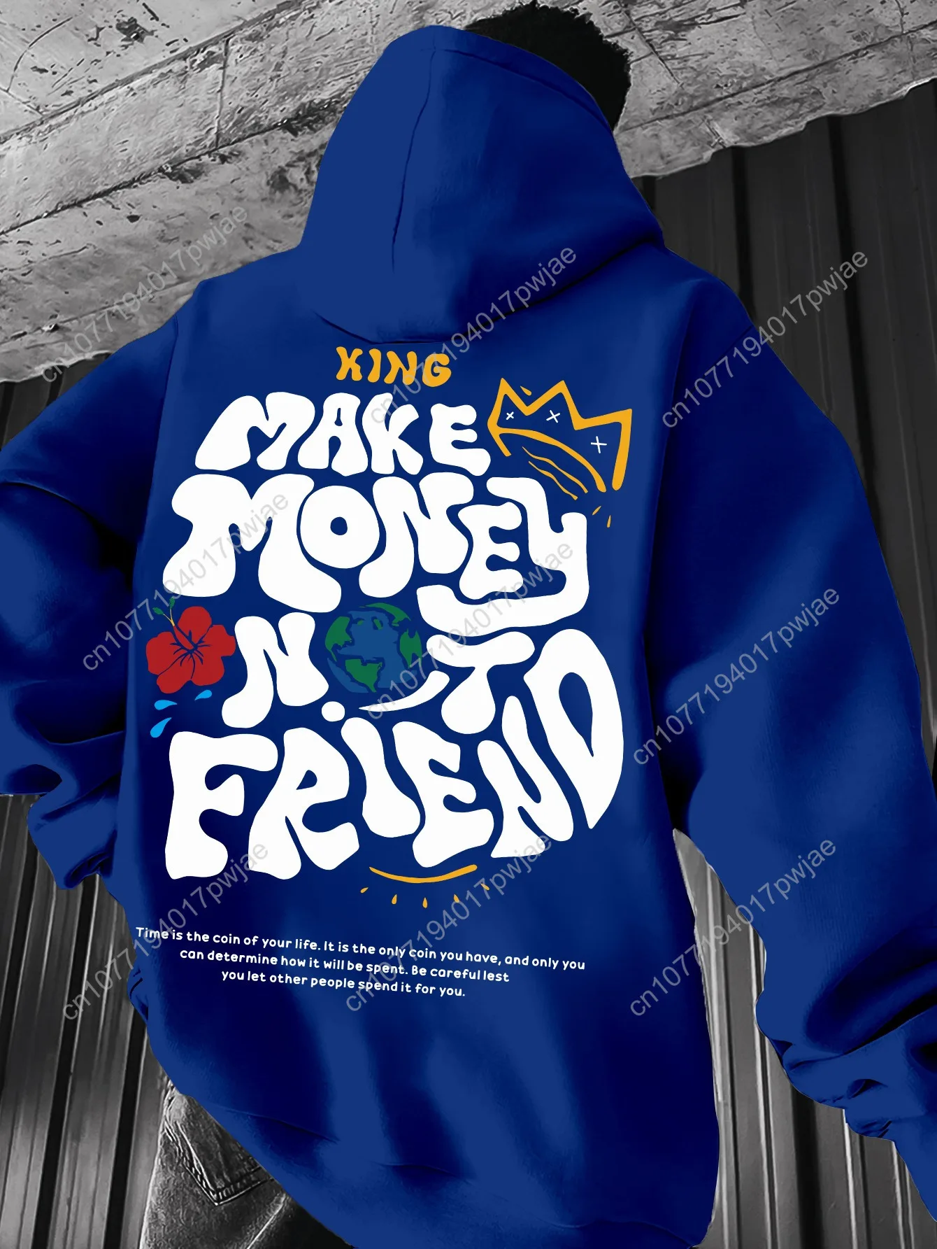 Felpa casual con cappuccio da uomo - Stampa geometrica nera con grafica e design a corona Bold "MAKE MONEY NOT FRIEND", vestibilità regolare Spr