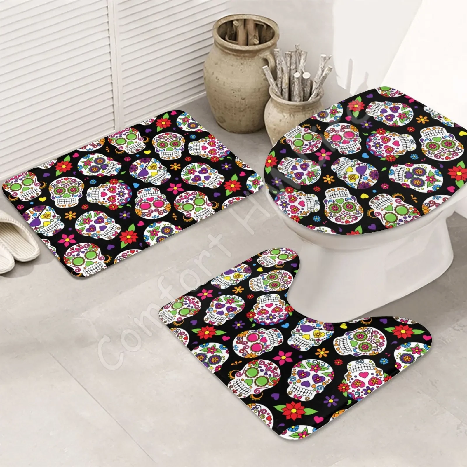 3 Piece Toilet Cover Day Of The Dead Sugar Skull Bathroom Rug Set Contour Lid Cover Non Slip Mat Bath Rugs Toilet Seat