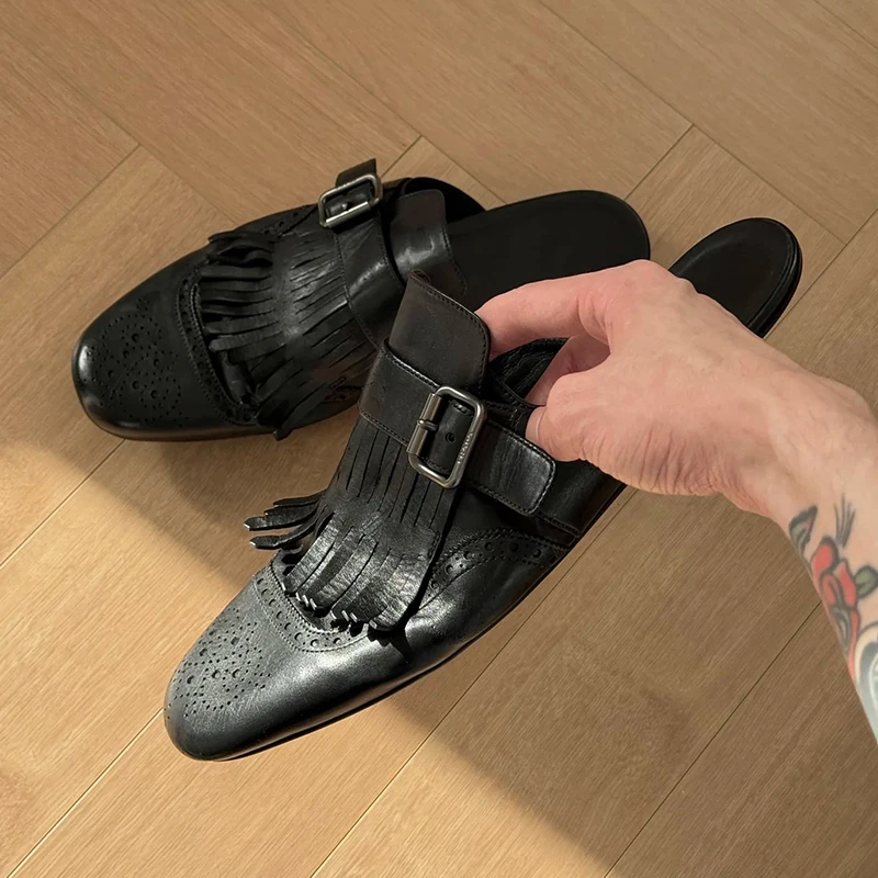 

Летние мужские ретро-сабо 2025 года с кожаными кисточками, на плоской подошве, дышащие, с низкой резиновой подошвой, винтажные