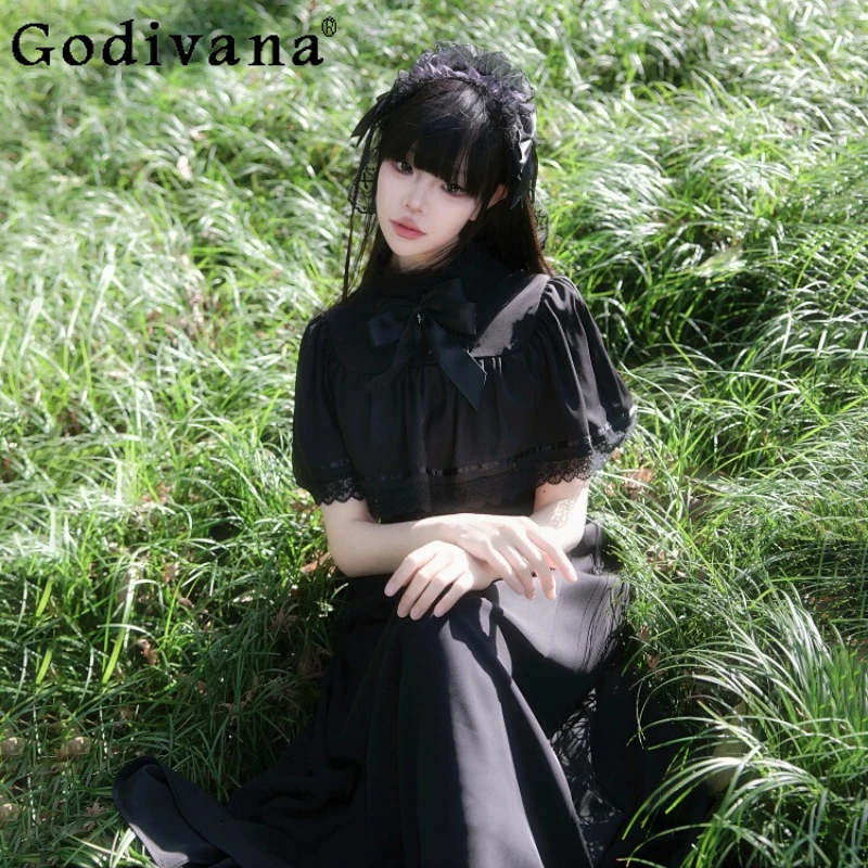 여성 로리타 스타일 블랙 드레스 프랑스어 레트로 여름 우아한 드레스 여성 봄 달콤한 허리 조이는 레이스 롱 드레스