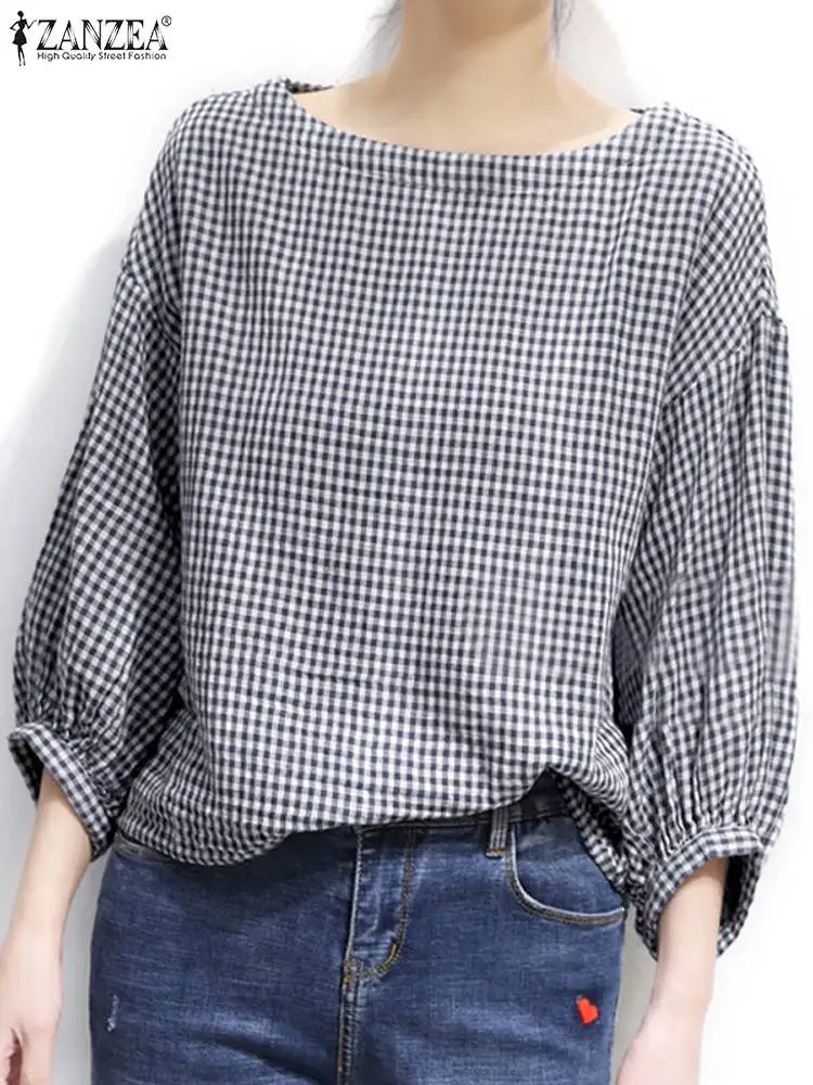 Vintage Plaid Checked Blouse ZANZEA Autumn Women Tops Casual O Neck 3/4 Sleeve Baggy Shirt Female Elegant OL Work Blusas 2024