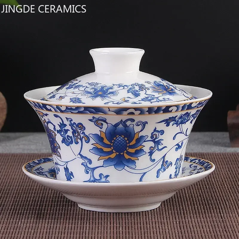 Jingdezhen Ceramic Gaiwan High Quality Sancai Tea Bowl Chinese Traditional Pattern Cover Bowl Blue and White Porcelain Tea Set