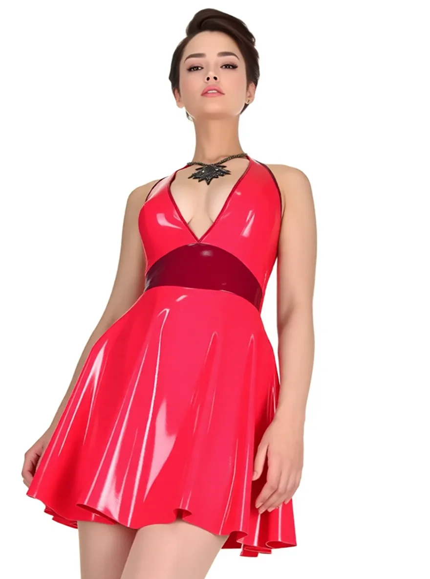 

Customized Latex Halter Skater Latex Dress Handmade Rubber Deep V-Neck Waist Rubber Club wear Costume