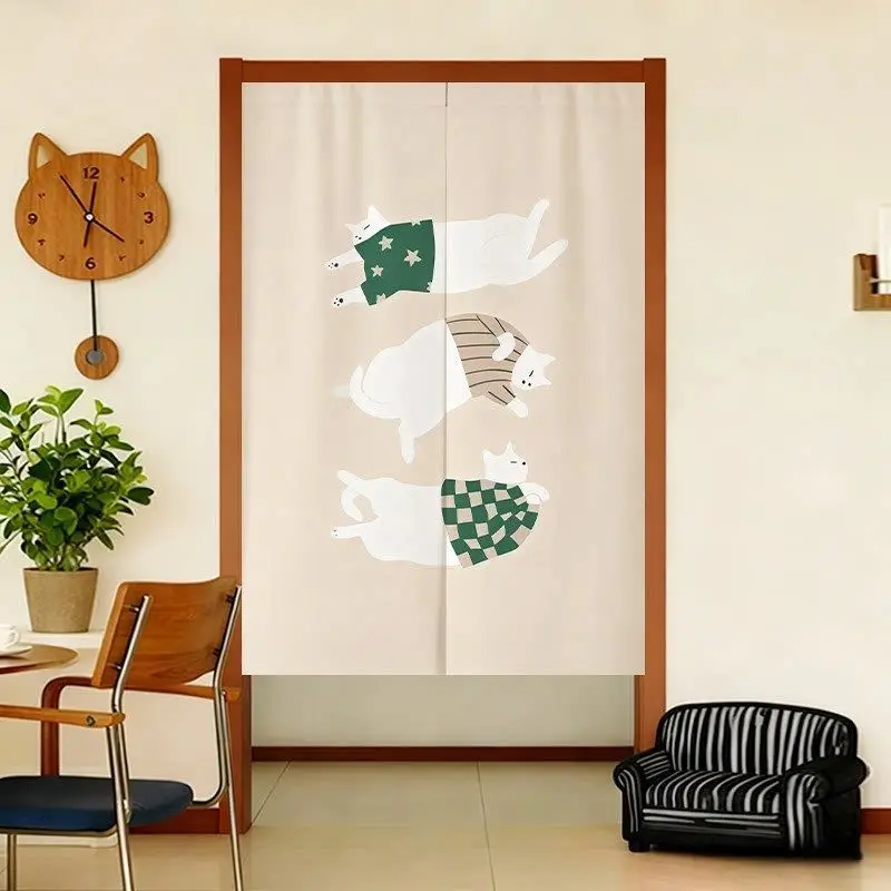 Fun White Cat Door Curtain Lazy Toast Cat Cartoon Fabric Door Curtain No Punching Bedroom Entrance Privacy Partition Curtain