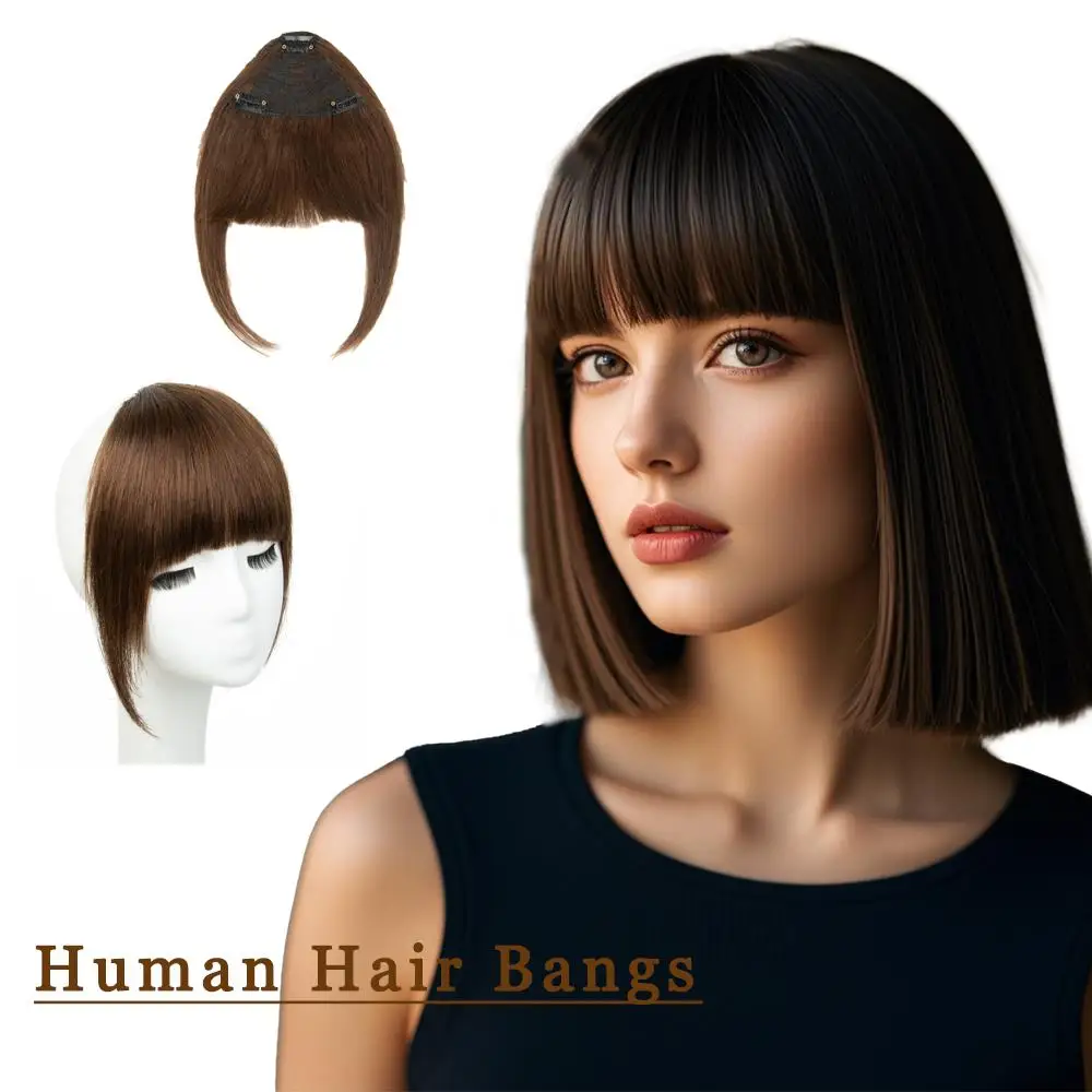 

Заколка на челке с висками для женщин Натуральные человеческие волосы Шиньоны спереди Французская челка Повседневная одежда Светло-коричневый Натуральная черная челка