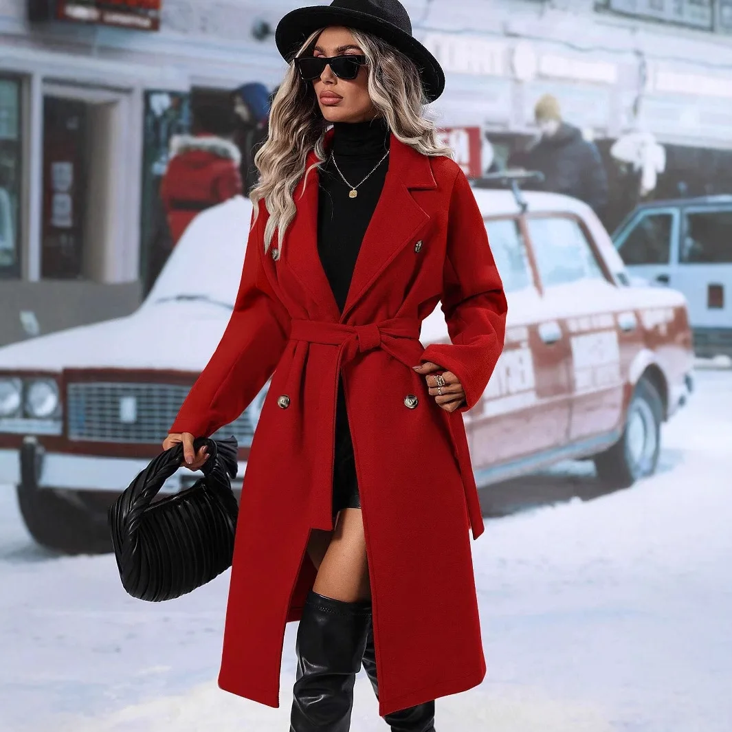

Winter New Thickened Pure Color Notch Collar Double Breasted Belted Long Length Woolen Coat Female Comfortable Casual Coats