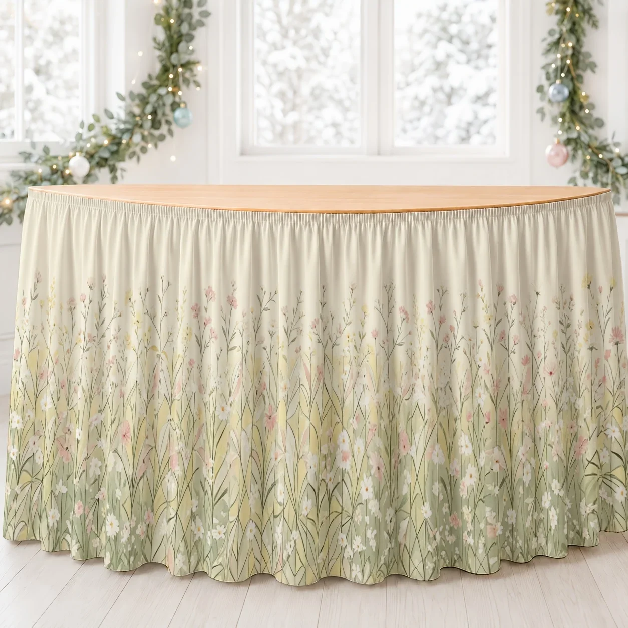 One table skirt with floral and grassland patterns, made of polyester, in soft pastel colors.