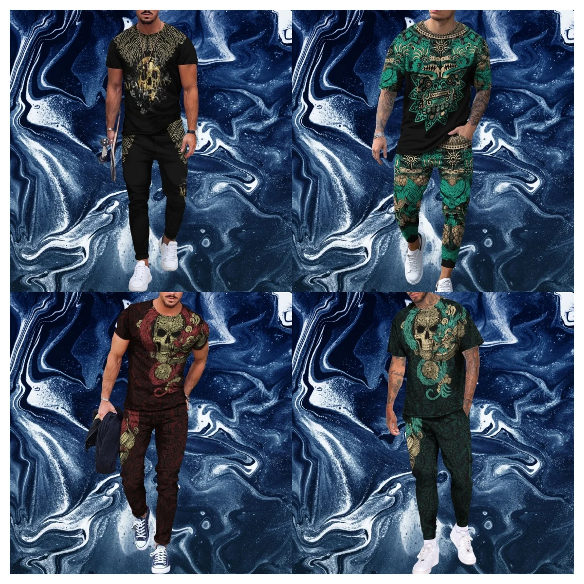 

3D принт ужасов череп узор повседневная новая мужская короткая футболка брюки костюм негабаритная мужская спортивная одежда комплект с короткими рукавами в стиле хип-хоп