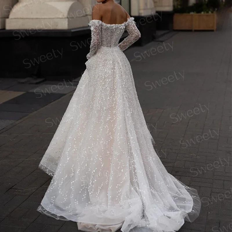 Luxurious A-Line Wedding Dress Sequins With Embroidery Ball Gown Strapless Full Sleeve Feather Bridal Dress Vestido De Novia