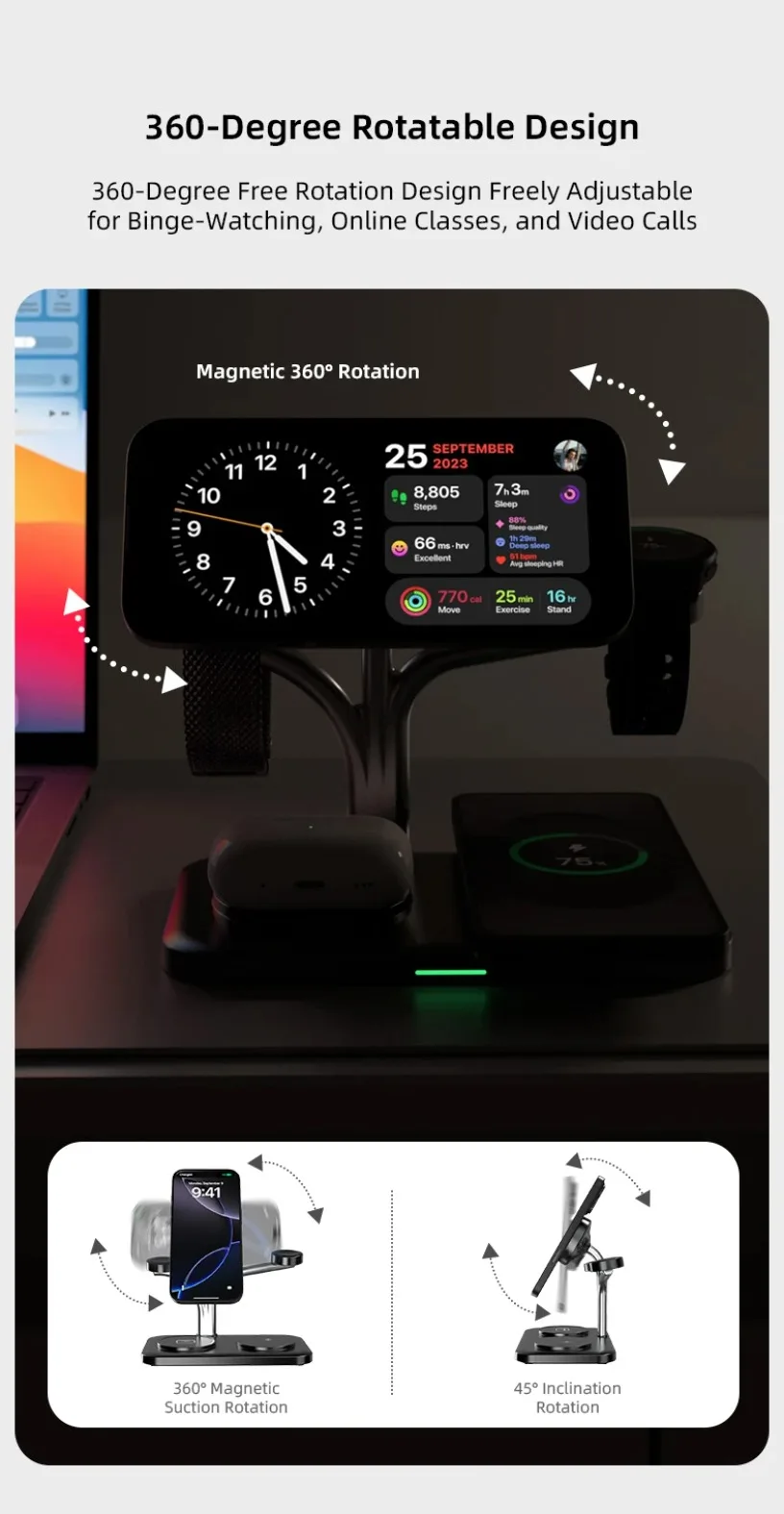 5 IN 1 15W Dual Phone Watch Magnetisches kabelloses Ladegerät Schnellladung für iPhone 17~12 Samsung Apple/Galaxy Watch Aipods Pro/Buds – Detail 8