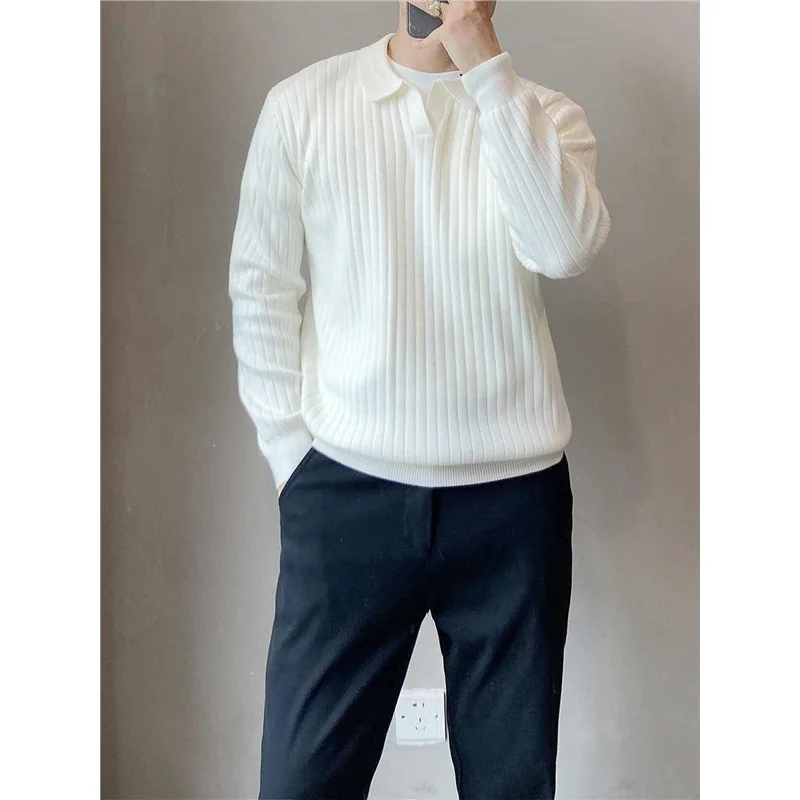 

Loose Knitted Long Sve irt for Men Casual Striped Collared Sweater Elastic Texture Spring Autumn New Sle M Kni...