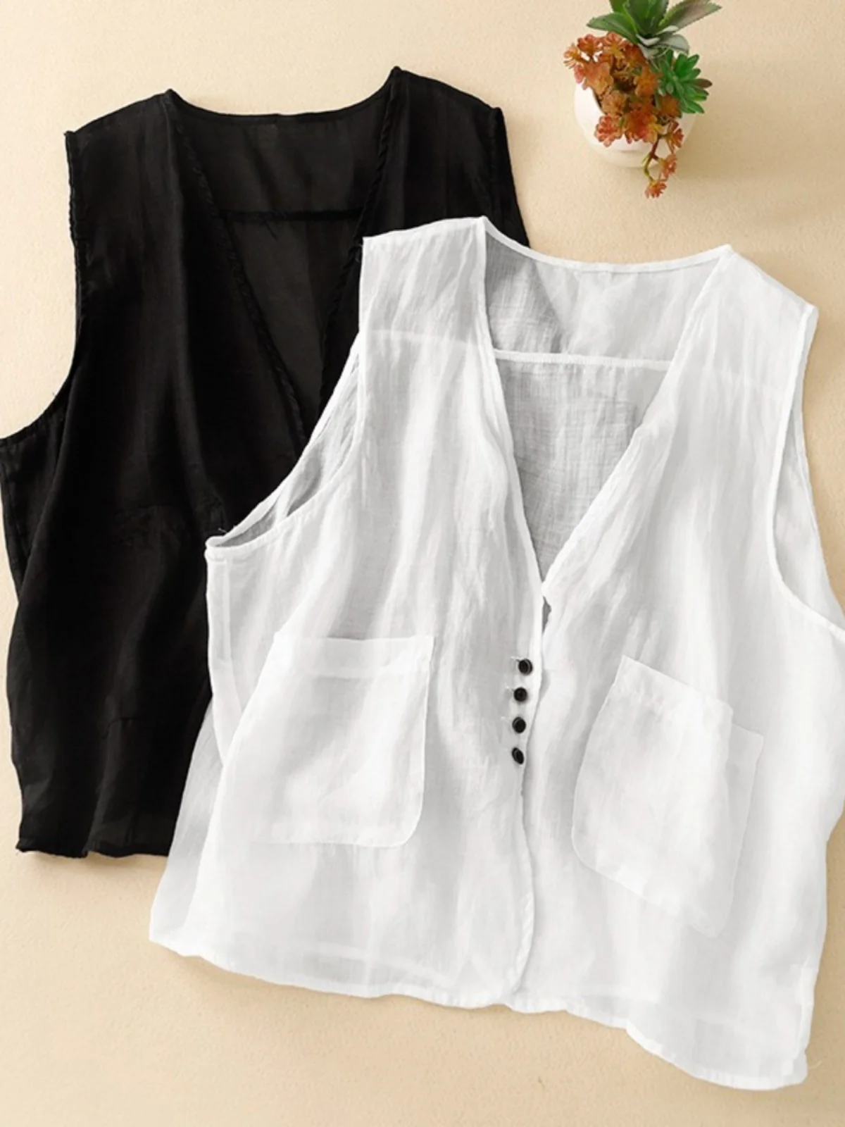 

Cotton Linen Vest Women's Summer Lightweight Outerwear Loose V-ne Single Button Svel oulder Pad Linen Vest Top