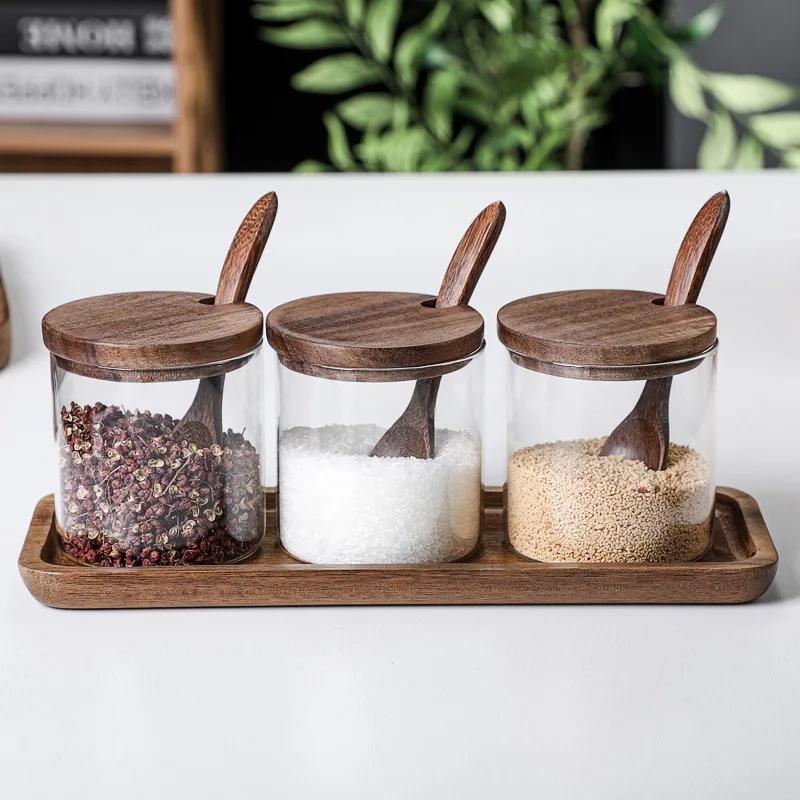 Modern Pepper Spice Glass Bottle Kitchen Seasoning Jar Food Storage Container Grains Sugar Jar with Wooden Lid Kitchen Utensils