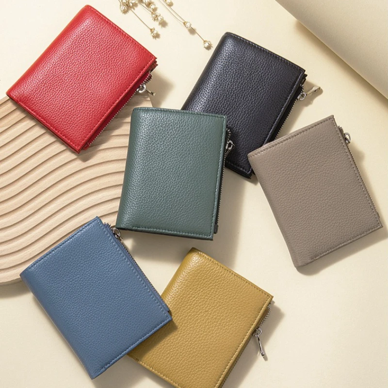 Solid Color Women Genuine Leather Bifold Purse Compact Snap Closure Ladies Small  Wallet with Zipper Coin Pocket Short Wallet