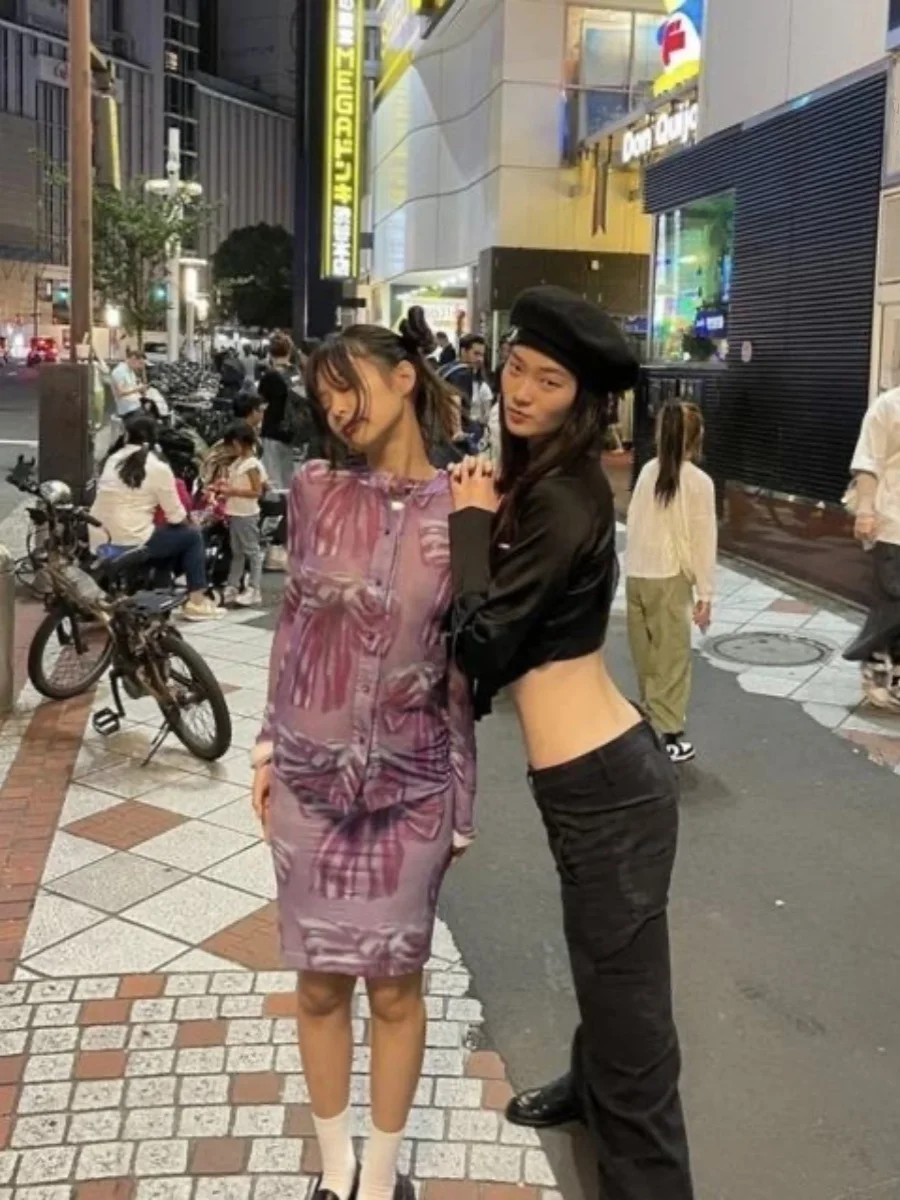 

Jennie винтажный комплект с фиолетовым узлом и принтом Spicy Girl Long Sve irt f, облегающая летняя женская футболка Faion