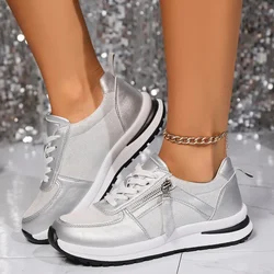 Large Size Casual Shoes Women 2024 New Zipper Decoration Thick Bottom Lacing Shoes Tenis Non-slip Comfort Running Shoes Sneaker