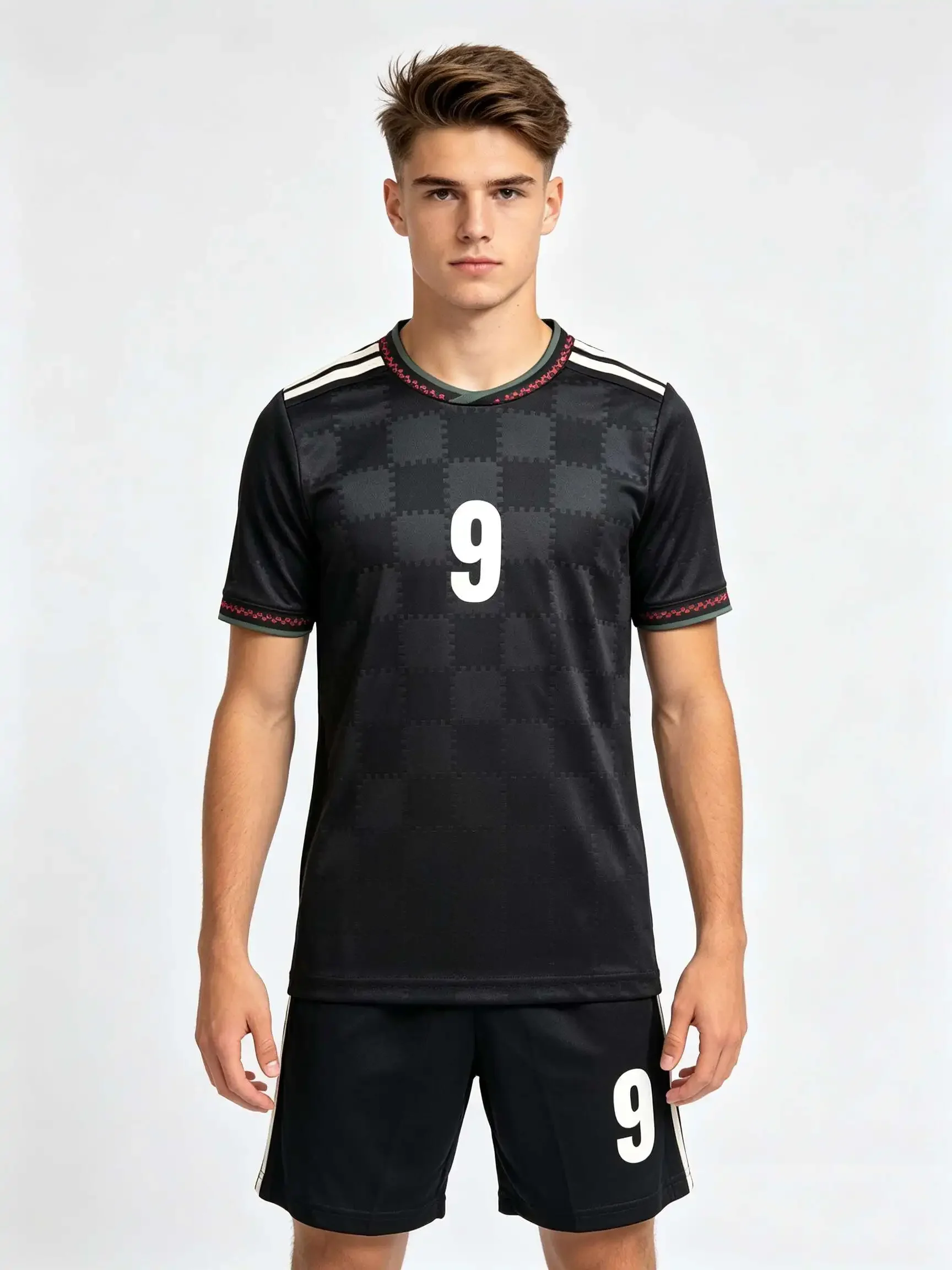 26/27 Unisex Blank Soccer 2‑Piece Set, Kids Adults Parent‑Child Kit, Custom Black plaid shirt-style jersey