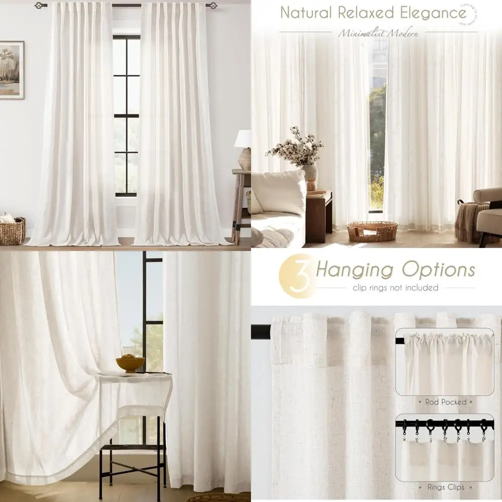 Light Filtering Linen Curtains - 102 Inch Long, 2 Panel Set for Living Room and Home Office, Modern Minimalist Style