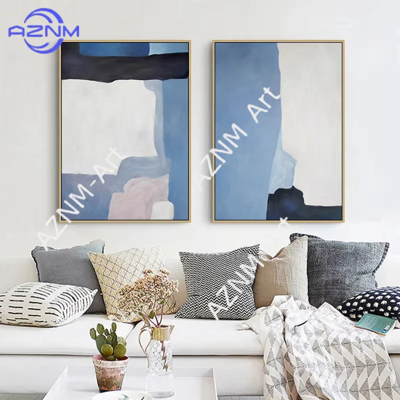 1/2 Stück Nordische Abstrakte Blaue Textur Wand-Leinwandbilder und Poster Cuadros Wandkunst Bilder für Wohnzimmer Heim-Dekoration