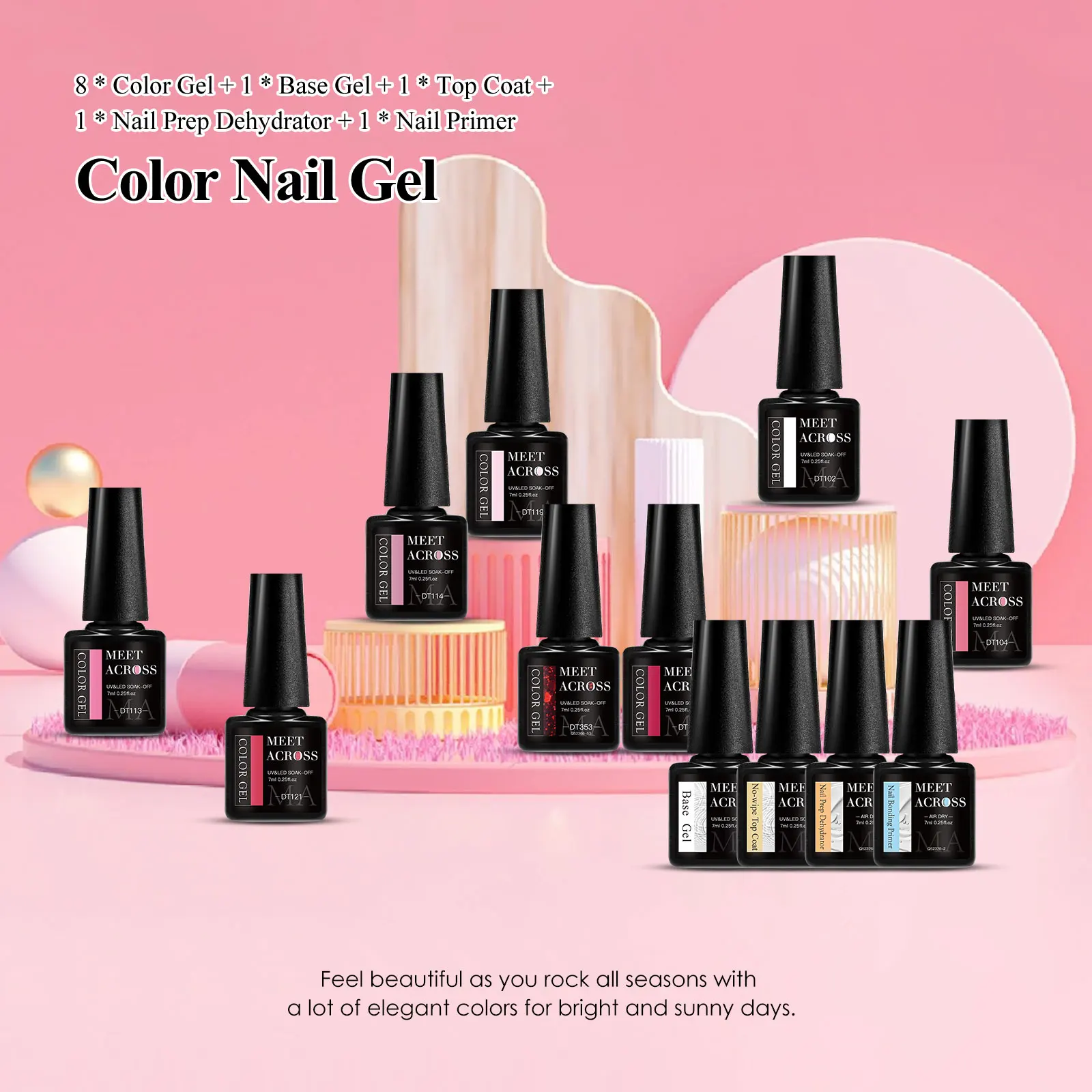 12-teiliges Gel-Nagellack-Set, rosa, rot, fluoreszierende Farbe, semi-permanent, Soak Off UV-Gel-Lack, Maniküre, Nagelkunst-Set, Basis- und Deckmantel