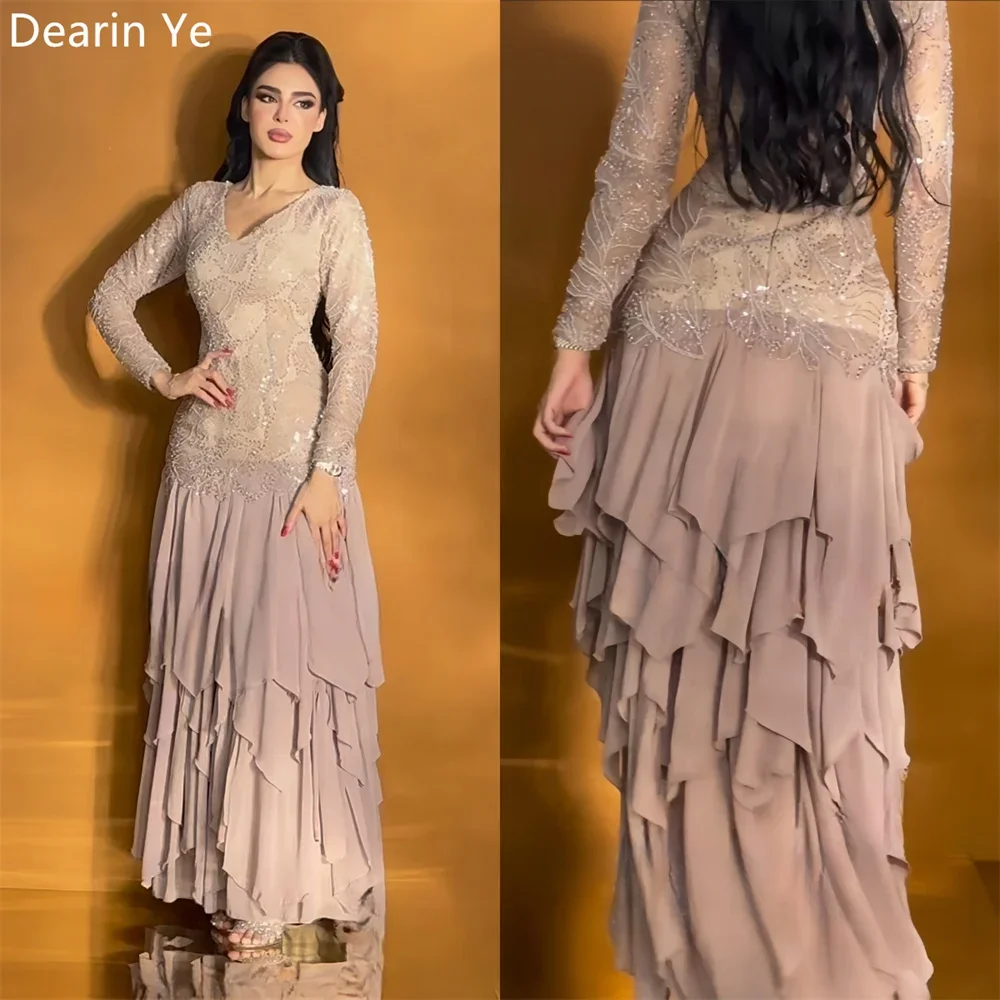 

Saudi Arabia Evening Dress Dearin V-neck A-line Ankle Length Skirts Sequin Layered Draped Tulle Flouncing Bespoke Occasion