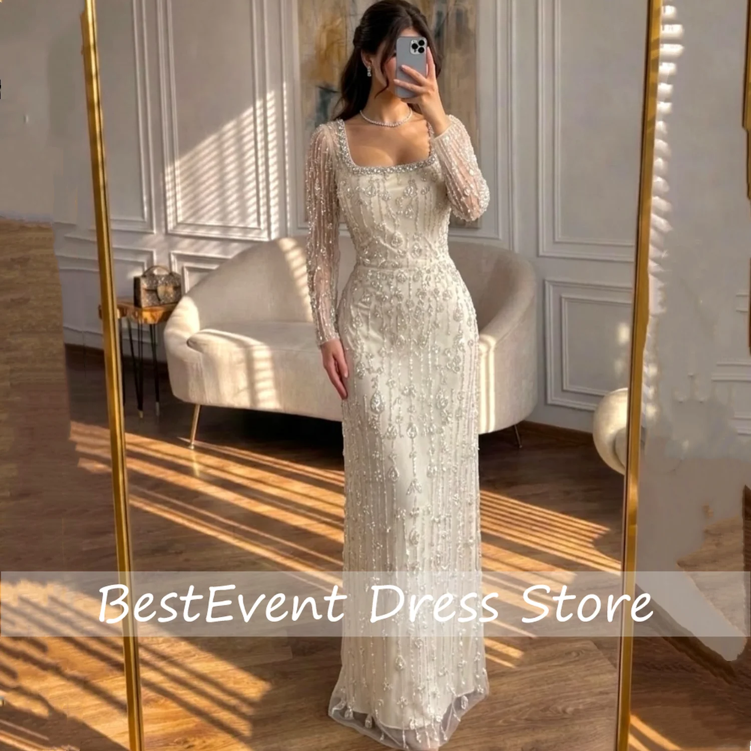 2026 Elegantes Abendkleid Champagner Tüll Quadratischer Ausschnitt Lange Ärmel Bodenlang mit Pailletten Perlen Kleid Roben Nach Maß