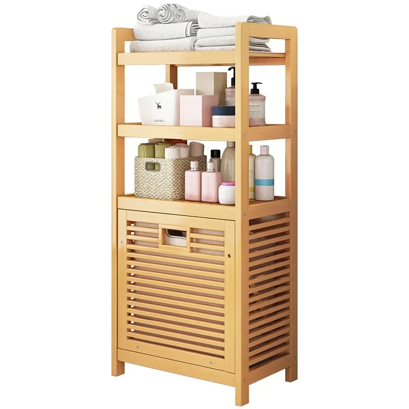 Multifunctional Solid Wood Floor Bathroom Shelf-Large Clothes Organizer With Dirty Garments Hamper Storage For Toilet Apparel