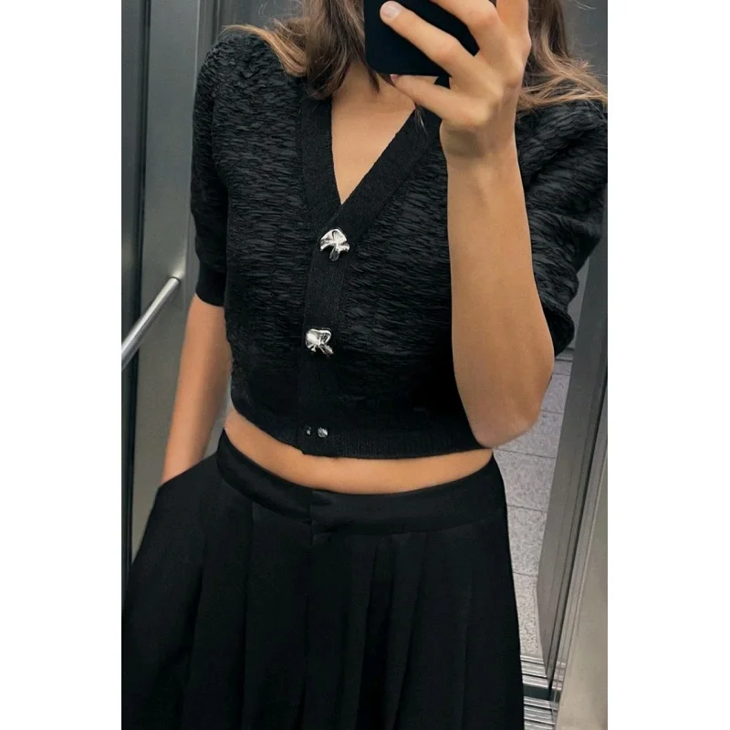 

Spring New Faion Button Decorated Slim Fit V-Ne Bla ort Sve Texture Knitted Jaet Sli Commute Sle Polyester...