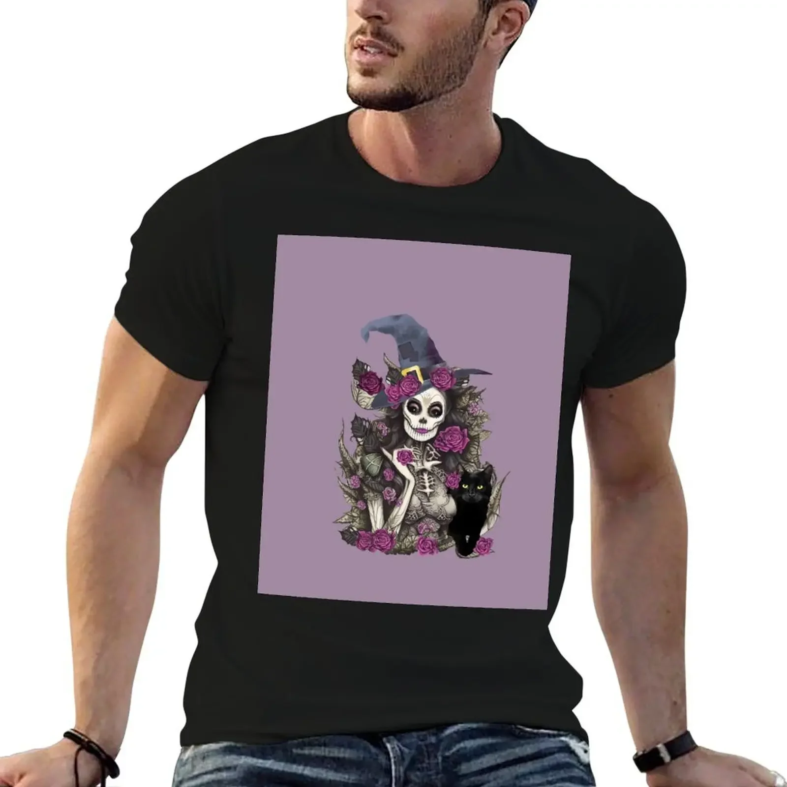 

Witch and cat for cute Halloween, purple roses,scary, spooky gothic floral lady T-Shirt