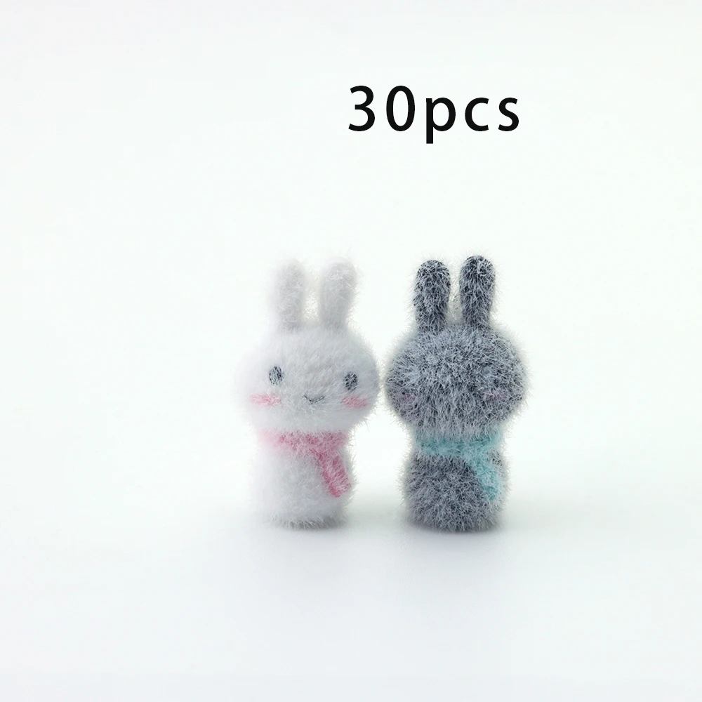 30Pcs 3D Flocking Resin Rabbit Charms Mini Plush Dolls Pendant for Necklace Earrings Keychain DIY Making Jewelry Accessories