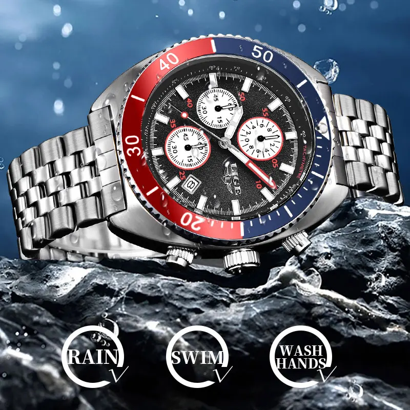 LIGE Luxury Man Watch Stainless Steel Strap Business Fashion Quartz Watch Mens Casual Sport Waterproof Calendar Watches For Men
