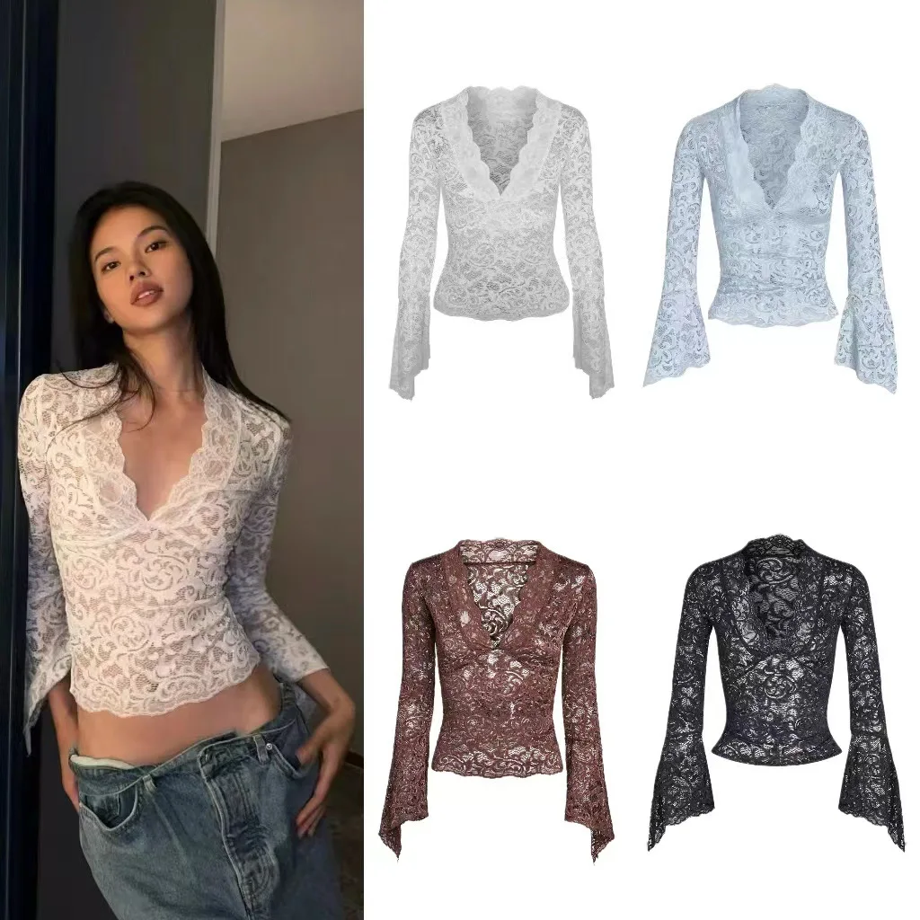 

New Sexy See-through Hot Top Girl Pure Desire Style V-neck Sollow Long Sleeved Clothing Lace Trumpet Sleeve See-through Slim Top