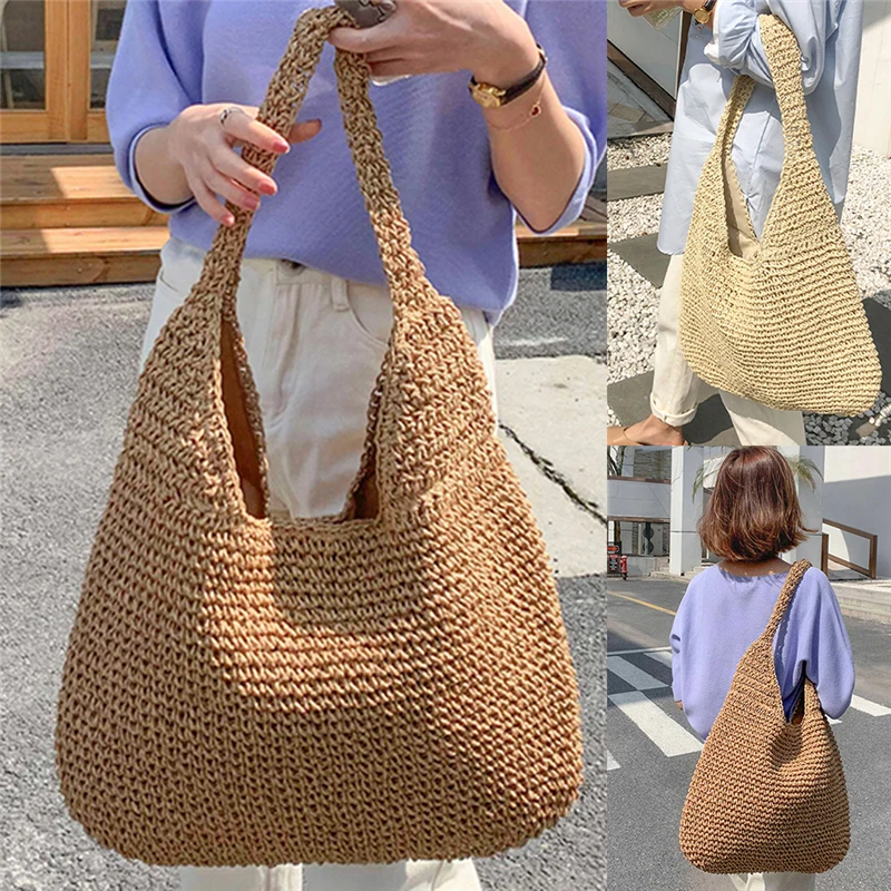 2024 Mode Rattan Frauen Umhängetaschen gewebte weibliche Handtaschen große Kapazität Sommer Strand Stroh Taschen lässige Tasche Geldbörsen